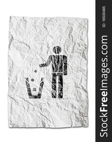 Person dumping recycle symbol on wrinkled paper isolated on white background