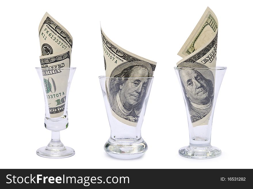 Dollar in glass on white background