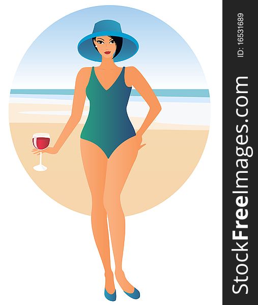 Lady on the beach with a drink. Lady on the beach with a drink