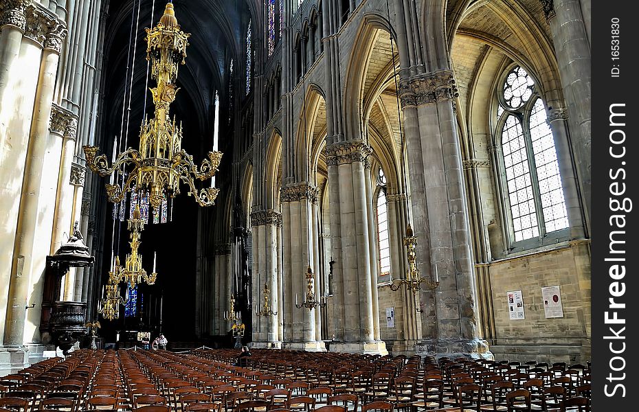 Interior of a cathedral of crownings of the French kings in Reims. Interior of a cathedral of crownings of the French kings in Reims.