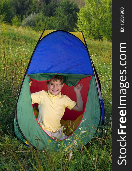 Happy boy in camping tent in summer forest