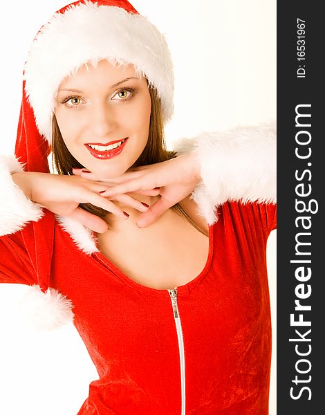 Beautiful mrs santa claus portrait on white background