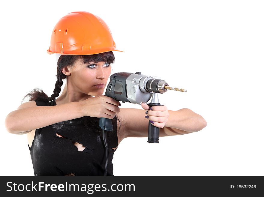 Girl in an orange hard hat hold a drill. Girl in an orange hard hat hold a drill