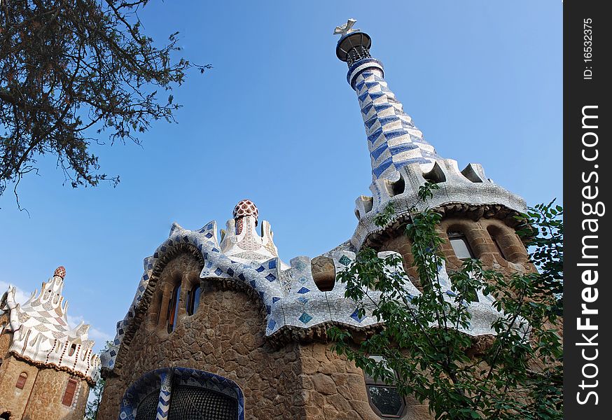 View of a detail of a Pavillion in Park Guell in Barcelona (Spain). View of a detail of a Pavillion in Park Guell in Barcelona (Spain)