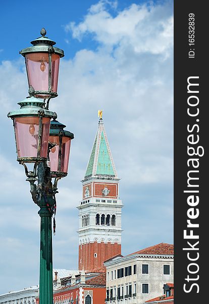 Vintage lamppost and the Campanile di San Marco in Venice, Italy. Vintage lamppost and the Campanile di San Marco in Venice, Italy.