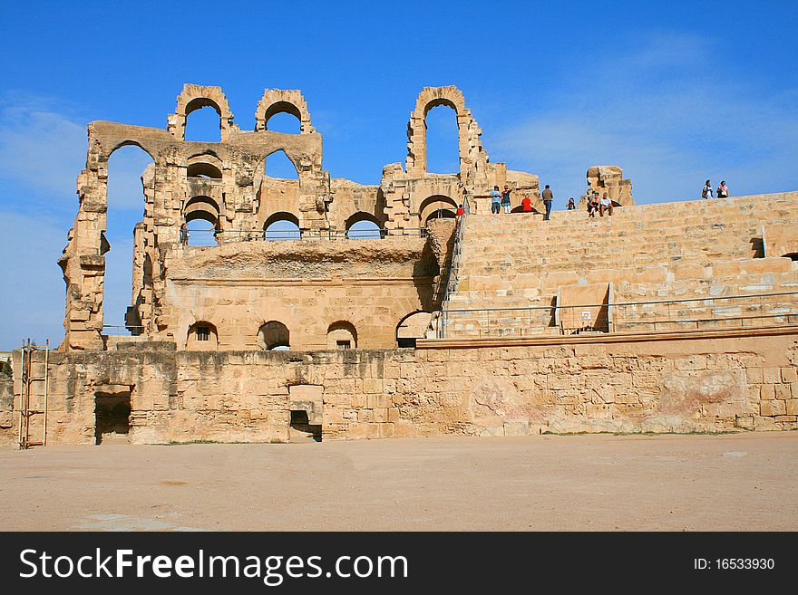 The ruins of anthique Roman Coliseum in Tunisia