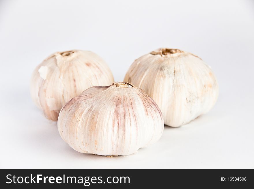 Three fresh, white garlic bulbs on white background