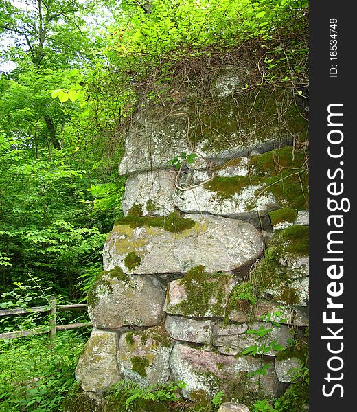 Remains of Elizabeth Furnace in the George Washington National Forest located near Front Royal, Strasburg, and Fort Valley, Virginia in the Shenandoah Valley.
The blast furnace was used for making pig iron. 
http://en.wikipedia.org/wiki/Elizabeth_Furnace