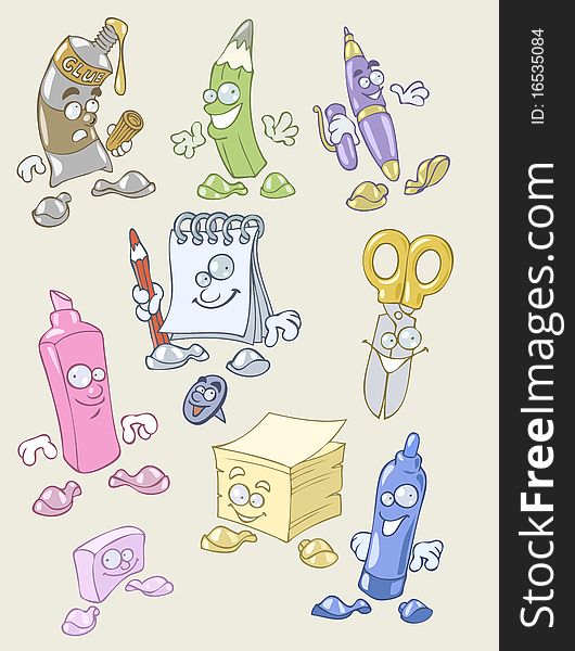 Set of vector illustrations of pens, pencils, notebooks. Set of vector illustrations of pens, pencils, notebooks