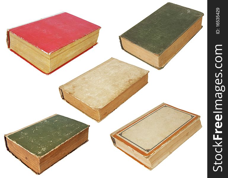 Five old books on a isolated white background