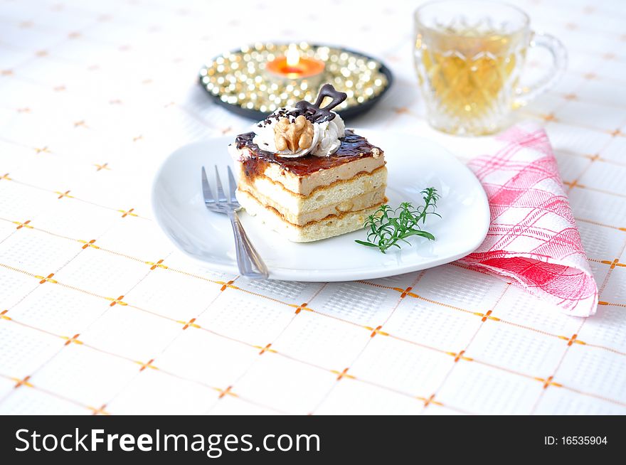 Chocolate dessert with tea and napkin