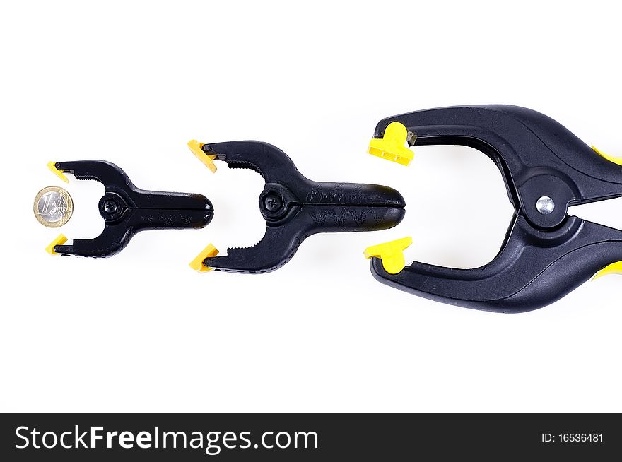 Tongs queuing for a coin in white background. Tongs queuing for a coin in white background