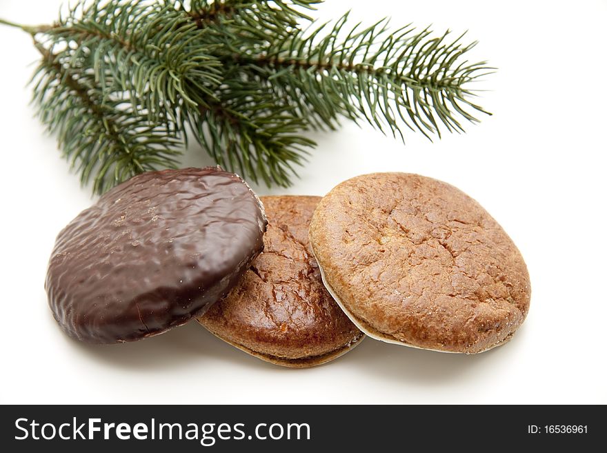 Nut and chocolate gingerbread with fir branch