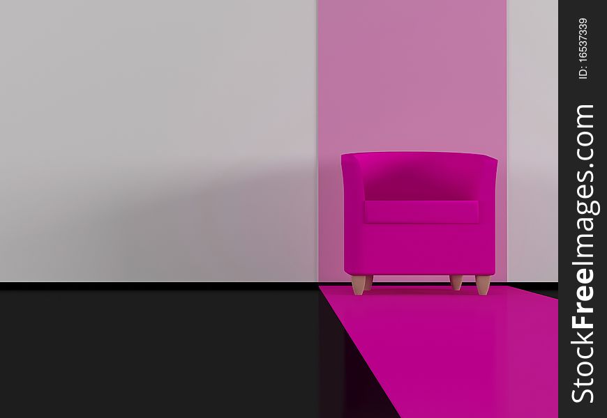 Modern pink armchair indoor, black glossy floor, living room, 3d render/illustration. Modern pink armchair indoor, black glossy floor, living room, 3d render/illustration