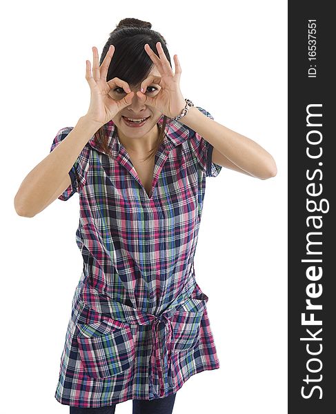 Young woman pretending to wear glasses, isolated on white background