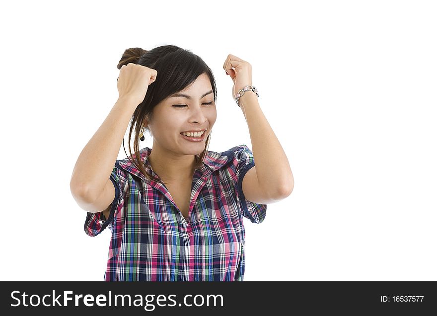 Happy woman celebrating her success, isolated on white background