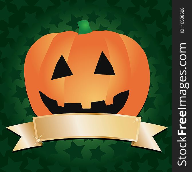 Green star background with halloween pumpkin decoration and blank gold ribbon ready for text. Green star background with halloween pumpkin decoration and blank gold ribbon ready for text
