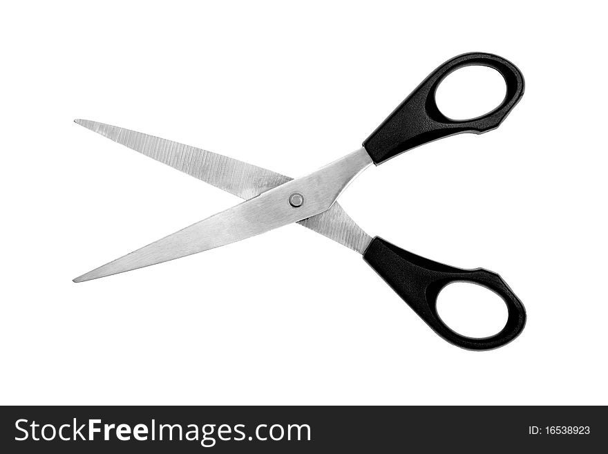 Black handled scissors isolated on white background