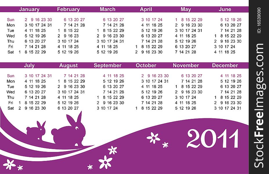 2011 calendar with cute rabbits, symbols of 2011 year. (starts Sunday). 2011 calendar with cute rabbits, symbols of 2011 year. (starts Sunday)