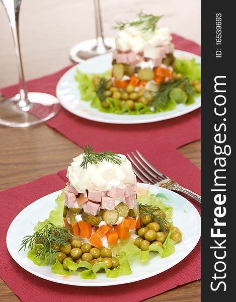 Two plates with salad on a white background. Two plates with salad on a white background