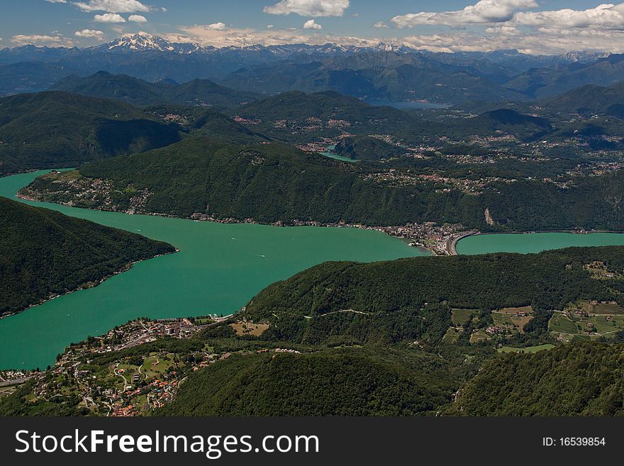 View from Monte Generoso down to Lugano and its lake in Switzerland