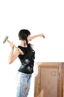 Girl Drive In Nail By Hammer Royalty Free Stock Photography Girl Drive In Nail By Hammer Royalty Free Stock Photography