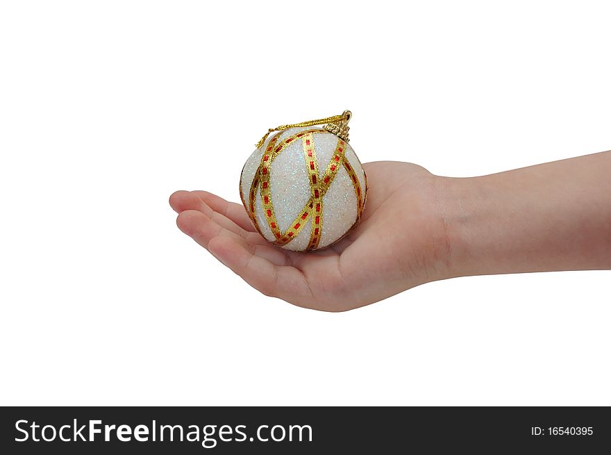 Child hand holding christmas ball isolated on white