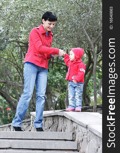 Mother and daughter in park