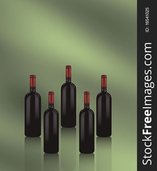 Red wine bottles isolated on green background