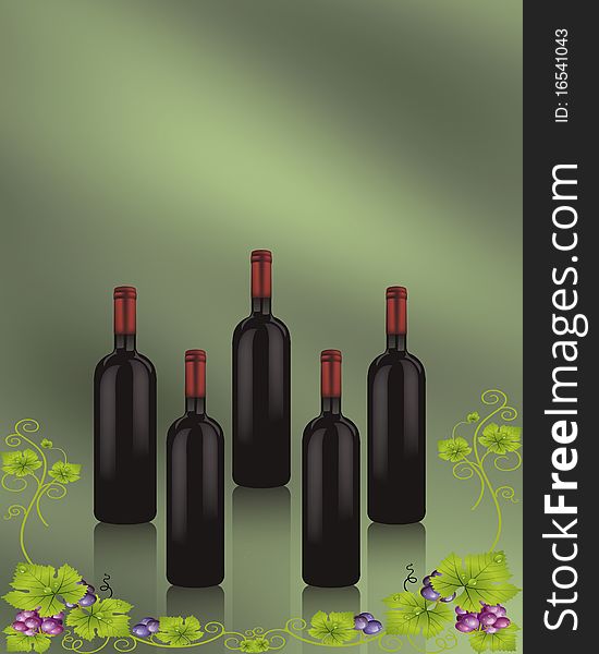 Red wine and grapevine composition isolated on green background