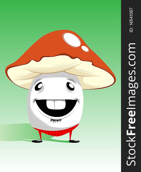 Illustration of a happy mushroom with a red pileus and red pants. Illustration of a happy mushroom with a red pileus and red pants