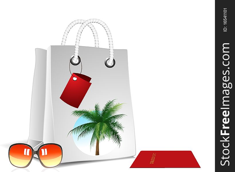 Shopping bag with passport and sunglasses on white background. Shopping bag with passport and sunglasses on white background.