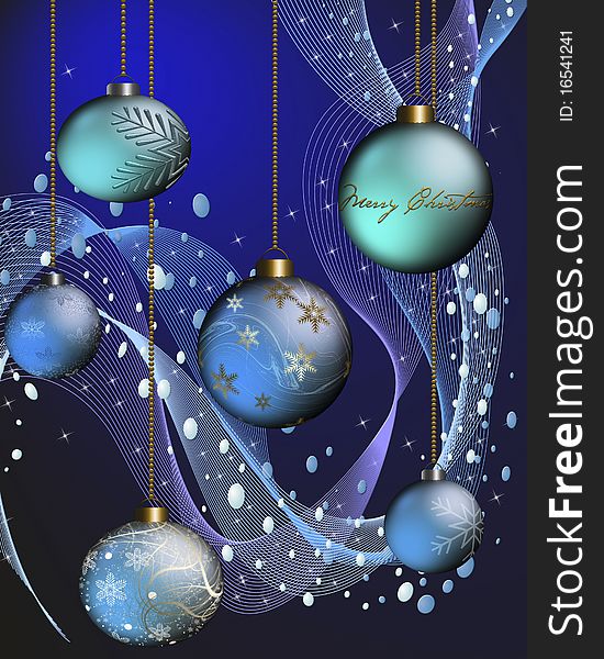 Blue Christmas baubles on dark blue background