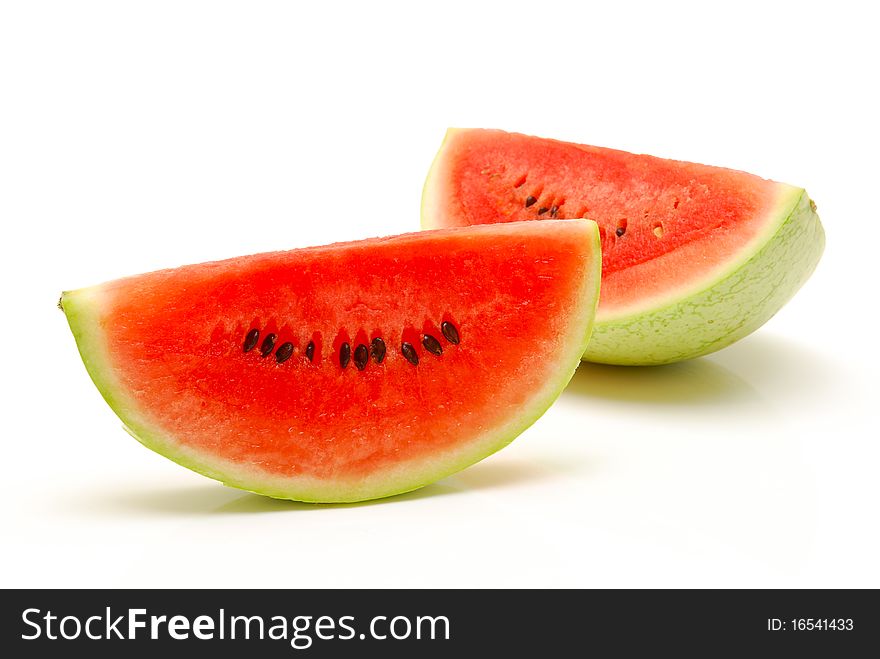 Two fresh cut slices of watermelon isolated. Two fresh cut slices of watermelon isolated