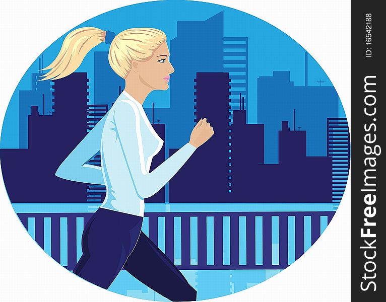 Image of a young girl, she makes a jog on the background of the city. Image of a young girl, she makes a jog on the background of the city
