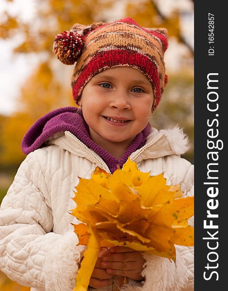 Girl in cute hat holding a heap of yellow maple leaves. Girl in cute hat holding a heap of yellow maple leaves