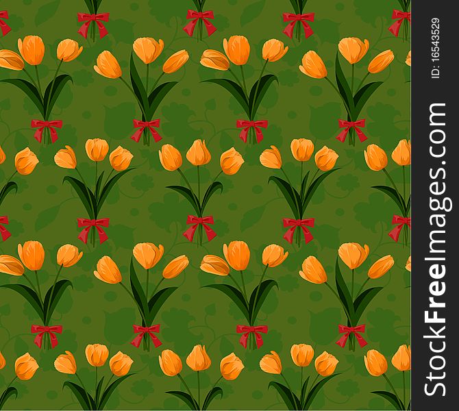 Tulip bunch with red bow seamless background. Tulip bunch with red bow seamless background