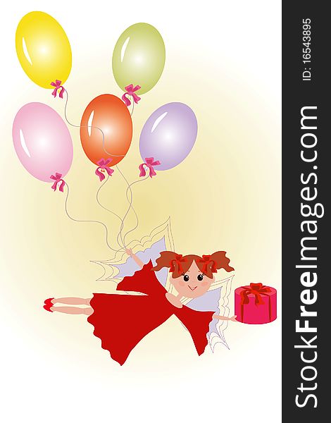 Fairy in the red dress ,with gift and balloons. Fairy in the red dress ,with gift and balloons.