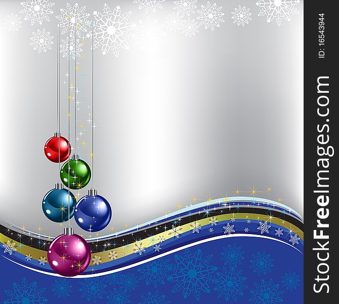 Christmas greeting colored balls on silver background