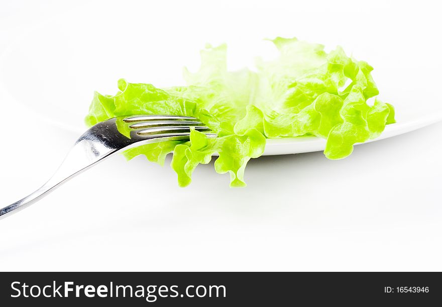 Fork with green salad on plate .