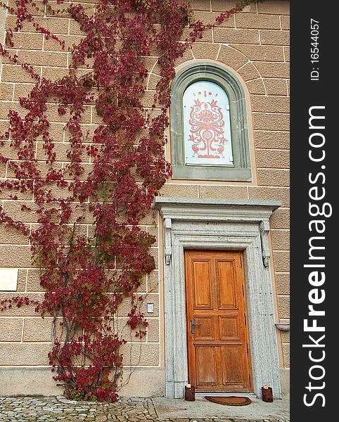 An entrance to a house with creeprers. An entrance to a house with creeprers