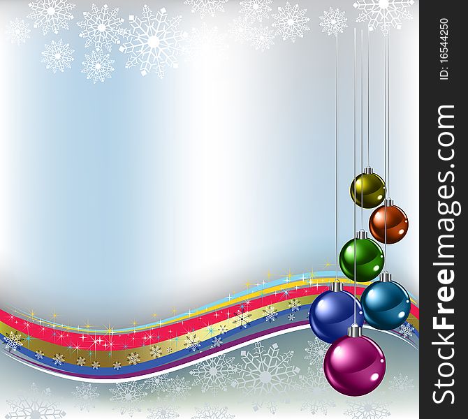 Christmas greeting colored balls on silver background