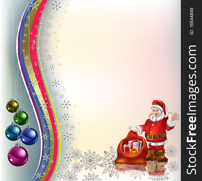 Christmas greeting Santa Claus with gifts and colored balls