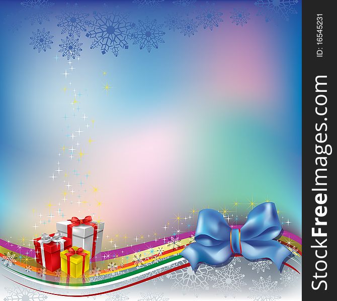 Christmas greeting with blue bow and gifts