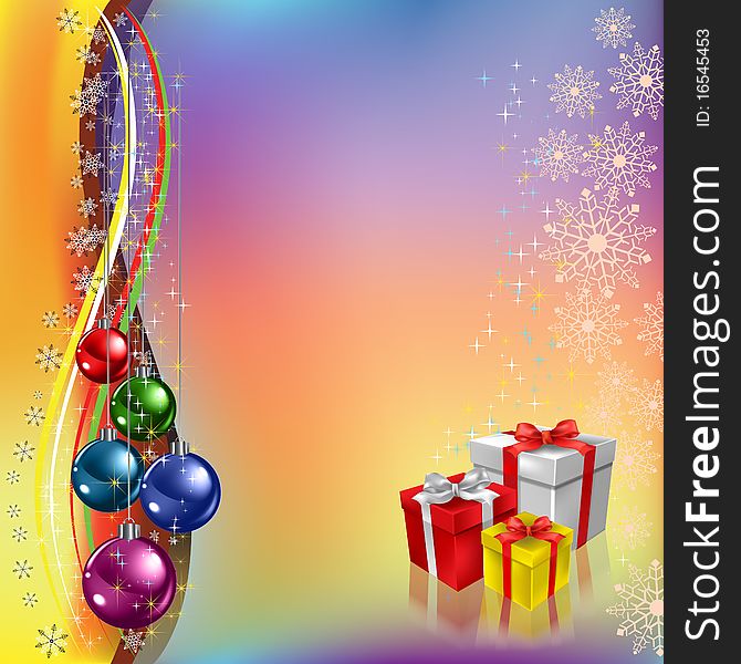 Christmas greeting with gifts and colored balls. Christmas greeting with gifts and colored balls