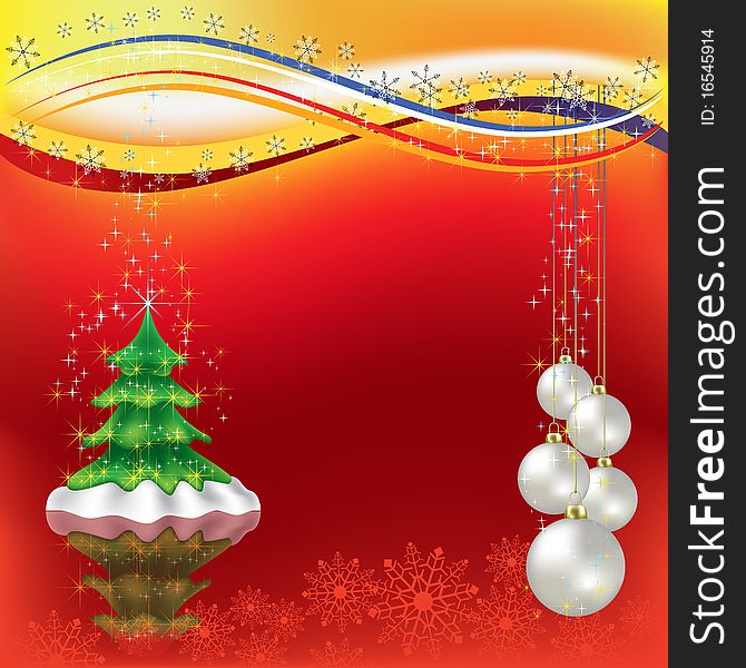 Christmas greeting with tree and pearl balls on a red