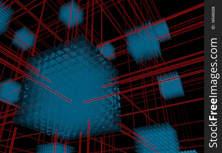 3D-modeled interlinked sets of cubes representing the concept of network. 3D-modeled interlinked sets of cubes representing the concept of network