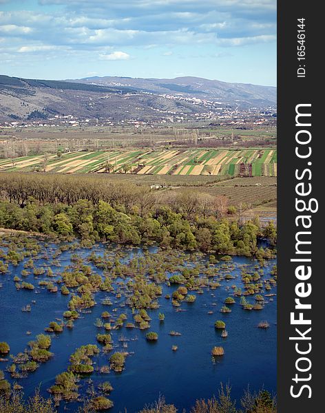 Flooded fields in a valley near Imotski in Croatia.