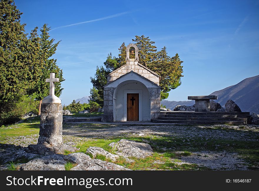 Small baroque chapel St. Jure on top of hill near Omiš in Croatia.