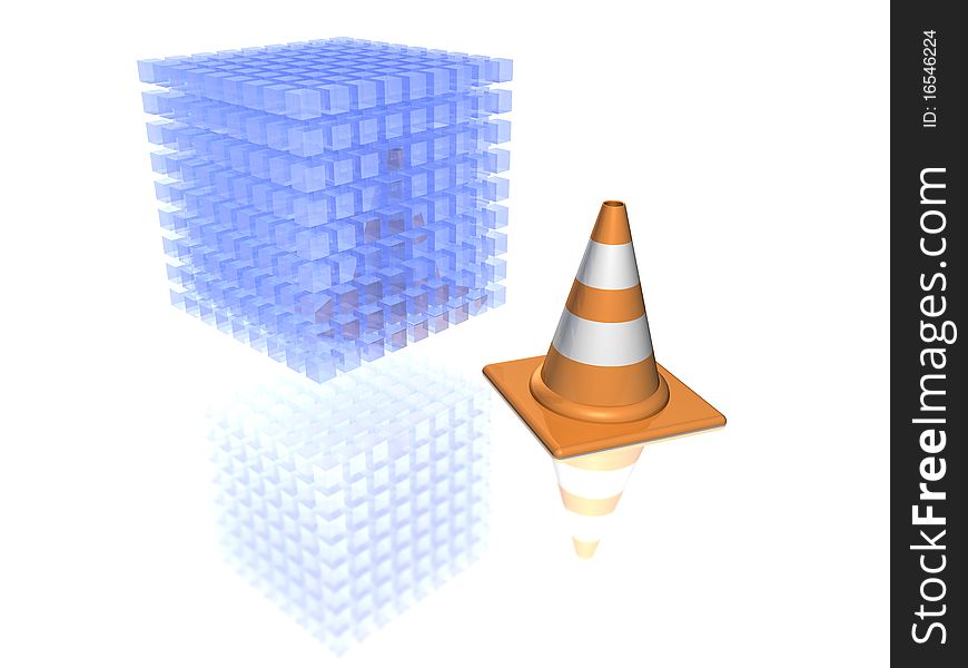 3D-modeled set of cubes representing the notion of database or computer system, accompanied with working site indications. 3D-modeled set of cubes representing the notion of database or computer system, accompanied with working site indications